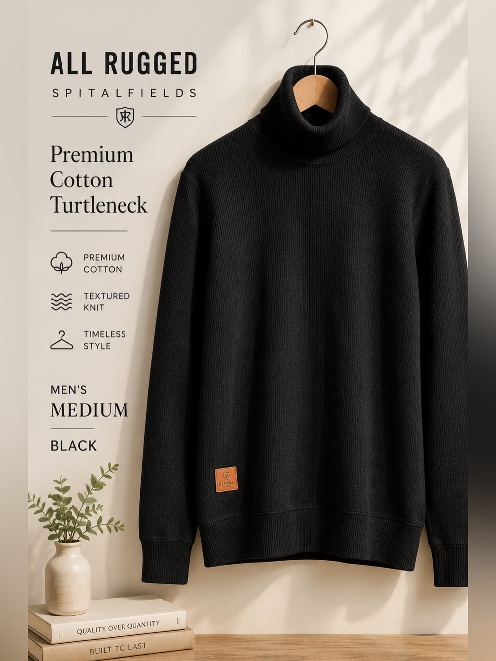All Rugged Spitalfields Men’s Premium Cotton Black Turtleneck Size M